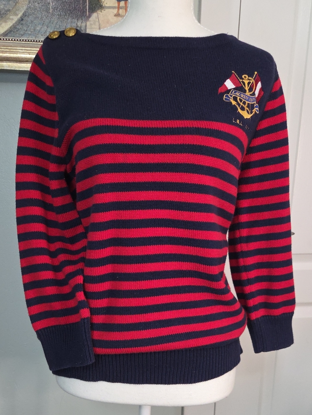 Ralph Lauren Nautical Navy & Red Striped Knit Sweater with Embroidered Crest